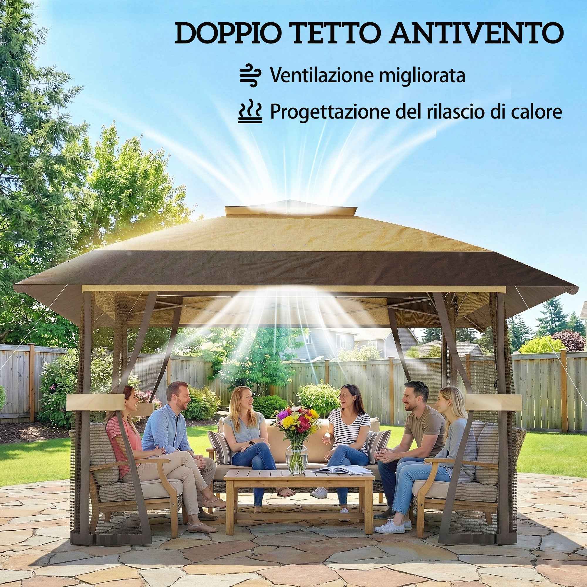 Outsunny 4x4m Folding Gazebo with 4 Side Mosquito Nets, Double Roof, and Sandbags, Khaki and Brown