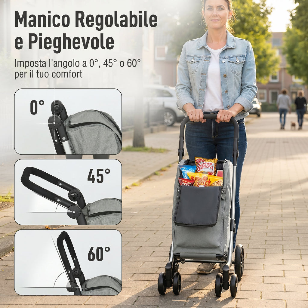 HOMCOM Folding Aluminum Shopping Cart with Wheels, 46L Bag, Refrigerated Compartment, Adjustable Handle, Gray