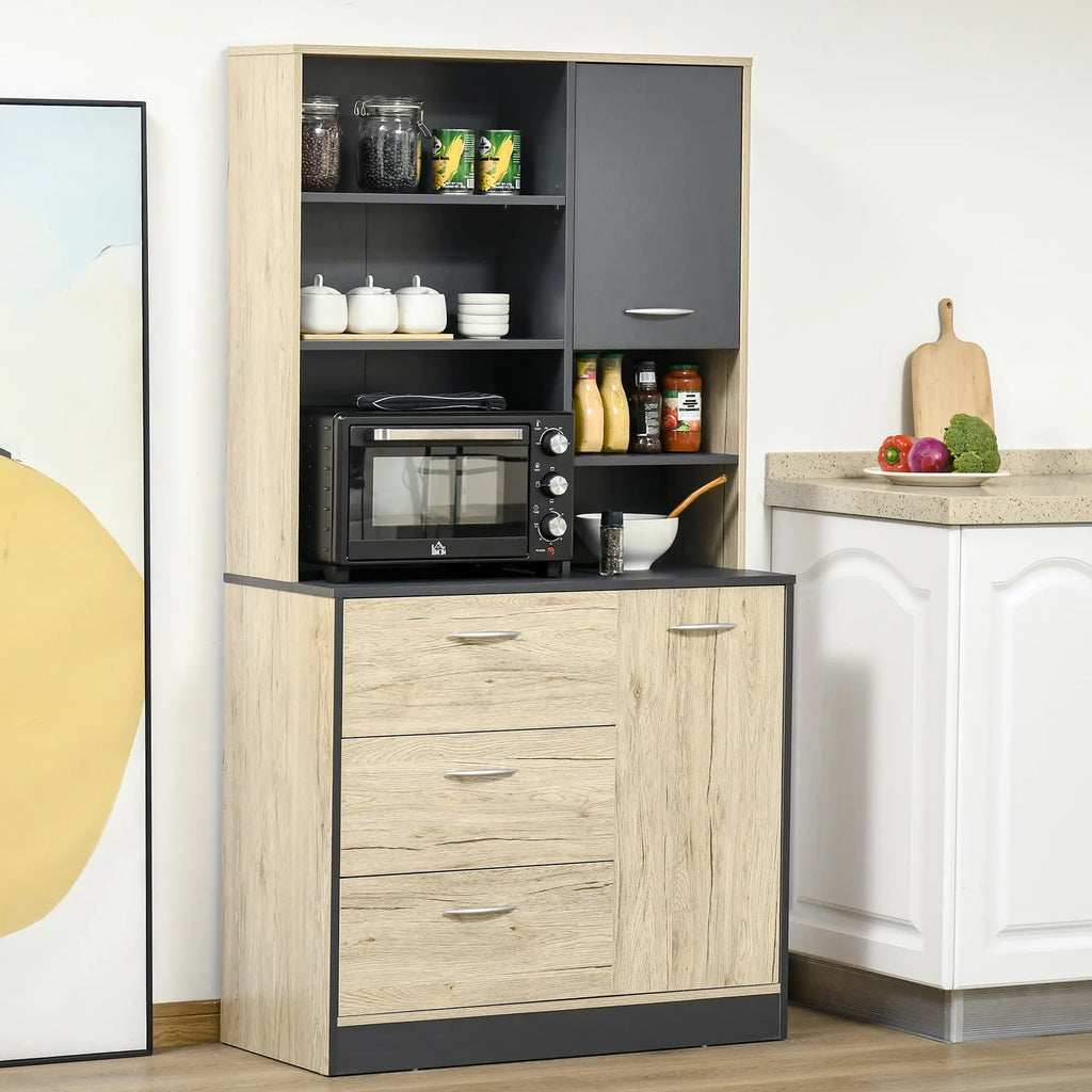 Kitchen Cabinet Modern Space-Saving Sideboard with 2 Cabinets 3 Drawers 3 Shelves Wood 90 x 39 x 169cm Light Oak Grey Color