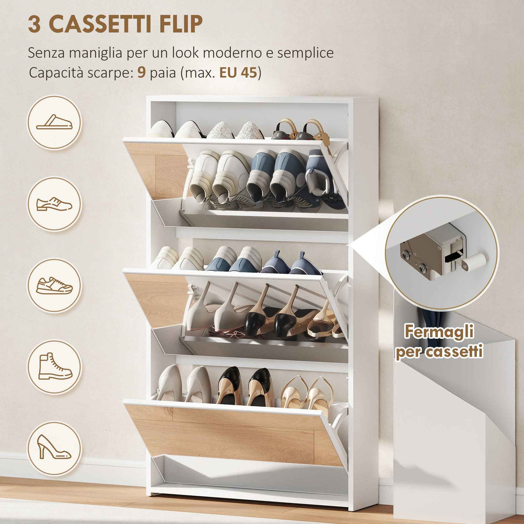 HOMCOM Mirrored Shoe Rack with 3 Flap Drawers for 9 Pairs of Shoes, Wooden, 65x17x114.5 cm, White