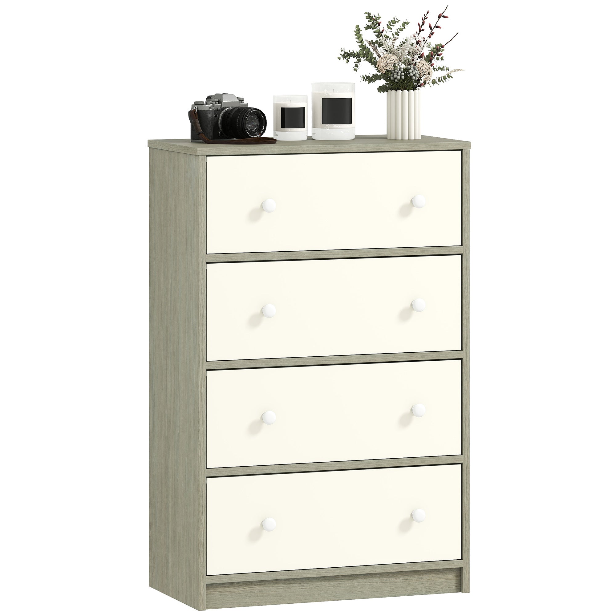 4-Drawer Folding Chest with Double Handles, Made of Wood, Steel and Fabric, 58x30x91 cm, White and Grey