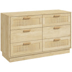 6-Drawer Chest of Drawers, Boho Style, for Bedroom and Entrance, Made of Wood and Rattan, 110x40x69 cm, Oak