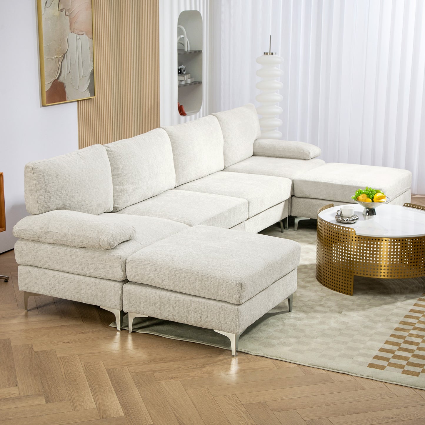 CHIARO | 4 Piece Modular Sofa with Footrest and Cushions, in Chenille Effect Fabric, 313x149x88 cm, Cream White