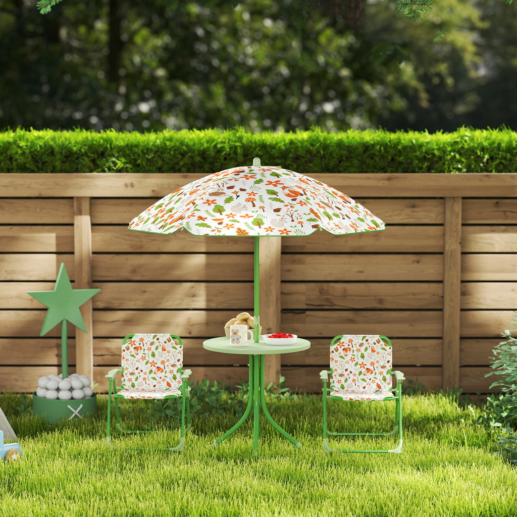 Garden Set for Children 2-5 Years with Round Table, 2 Folding Chairs and a Parasol, Green
