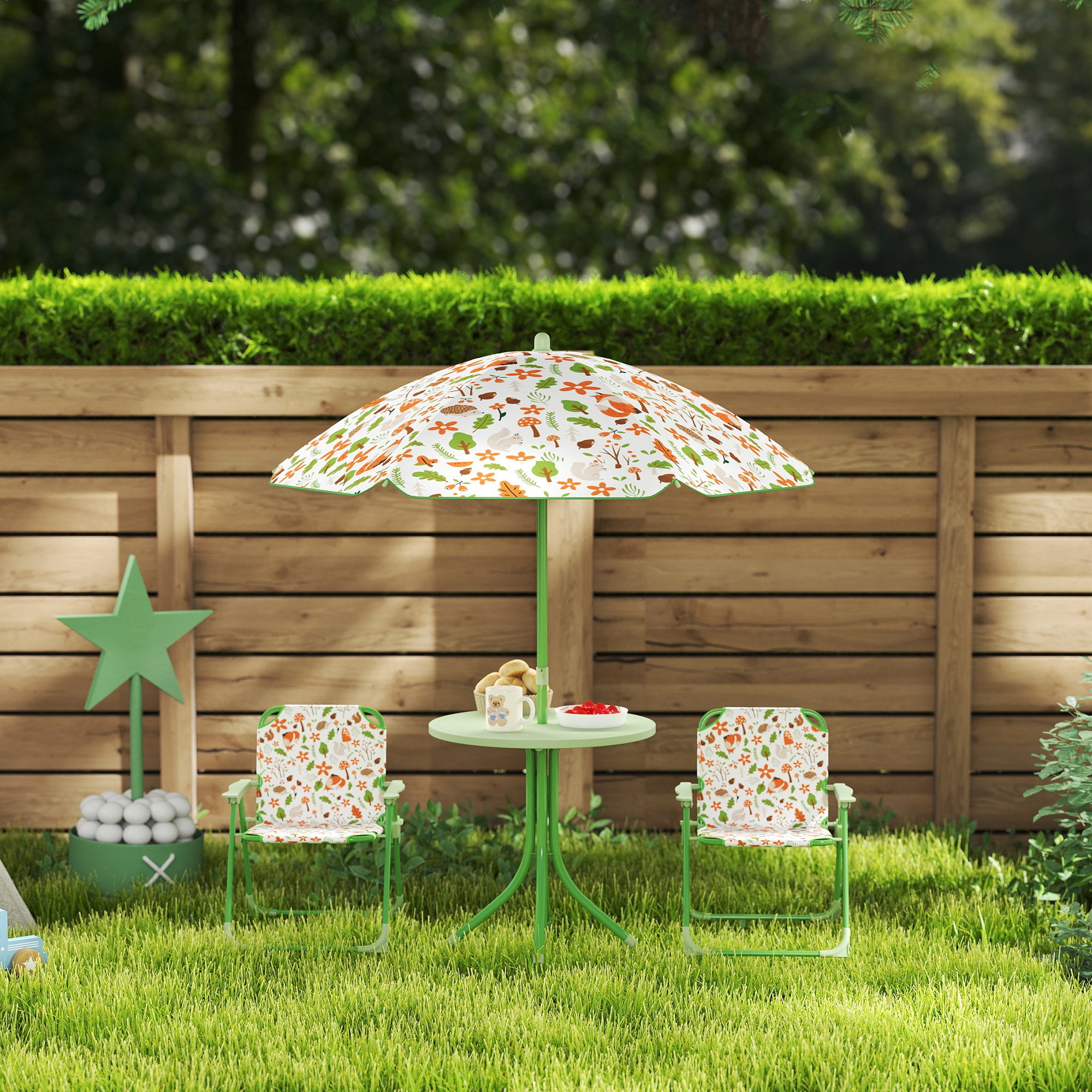 Garden Set for Children 2-5 Years with Round Table, 2 Folding Chairs and a Parasol, Green