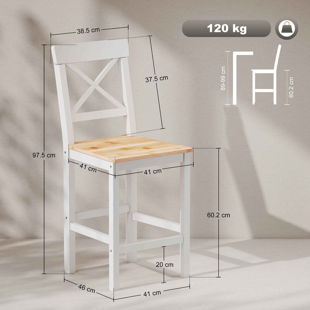 HOMCOM Set of 2 Bar Stools, High Back Kitchen Stools with Footrest, Pine Wood, Natural and White