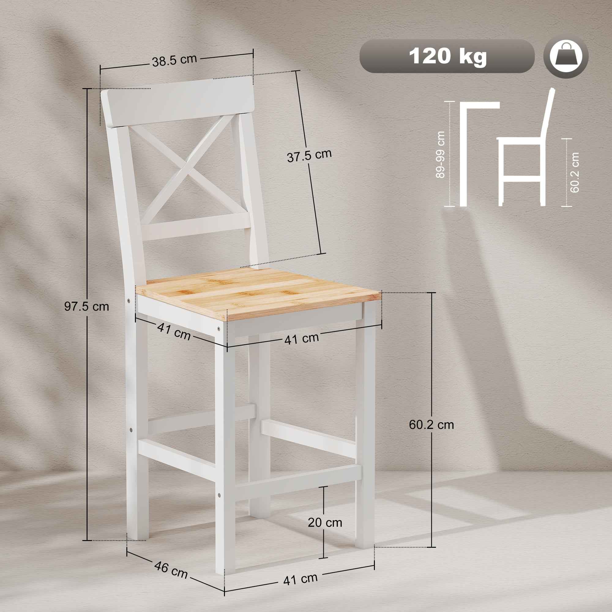 HOMCOM Set of 2 Bar Stools, High Back Kitchen Stools with Footrest, Pine Wood, Natural and White