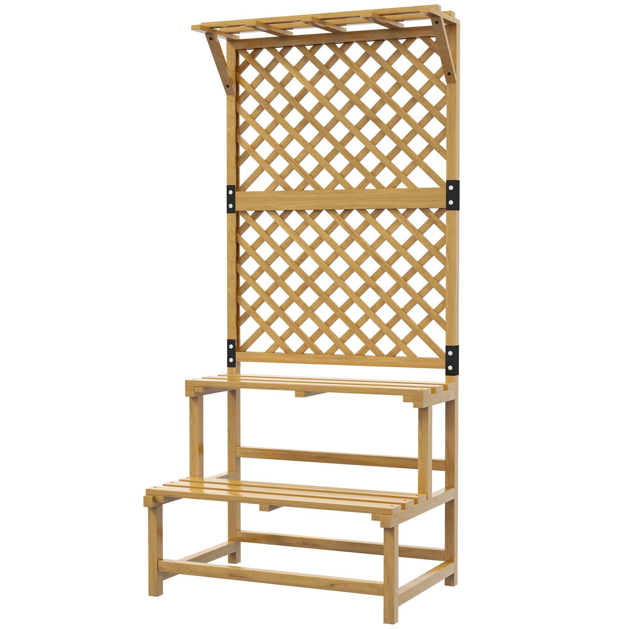 Outsunny Planter with Trellis for Climbing Plants, 2 Shelves and Top Bar, in Fir Wood, 75x50x166 cm, Yellow