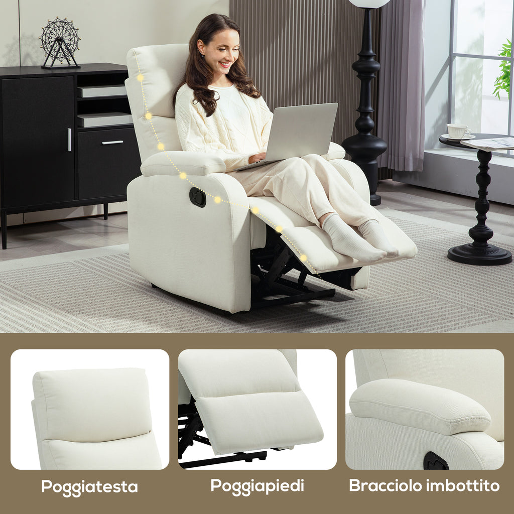 Manually Reclining Armchair at 60° Extra Padded in Fabric with Footrest, Cream