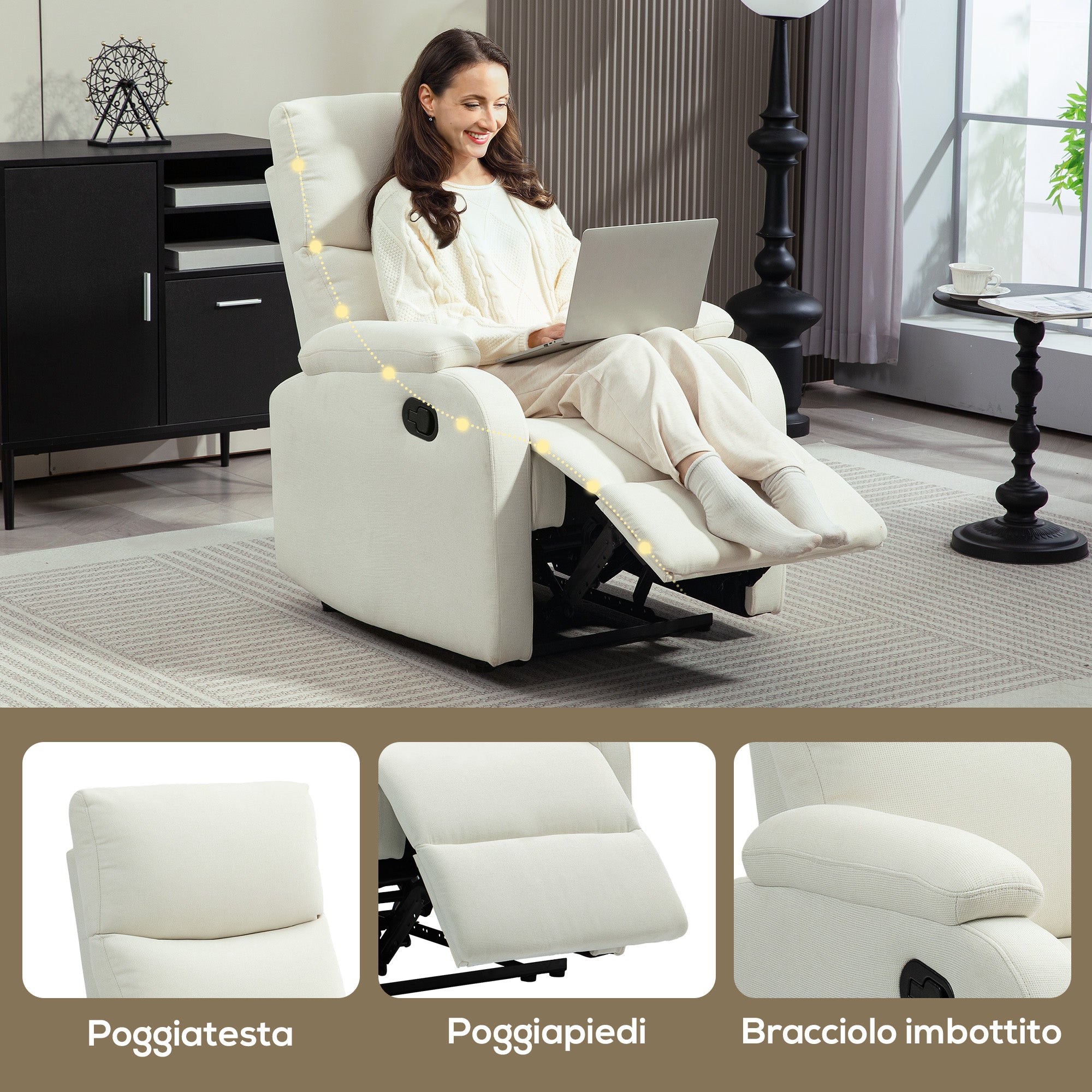 Manually Reclining Armchair at 60° Extra Padded in Fabric with Footrest, Cream