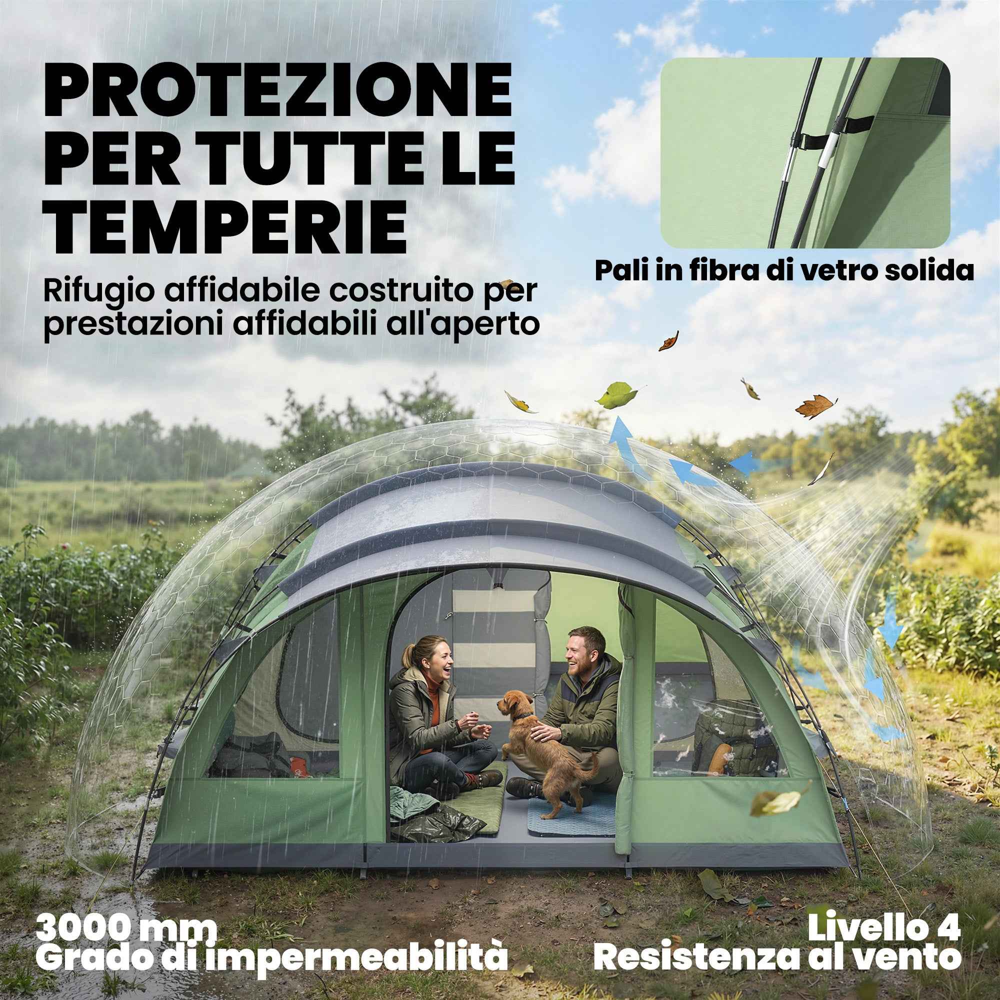 Outsunny Large Multi-Room Tent for 2-4 People, with Windows and Veranda, Green