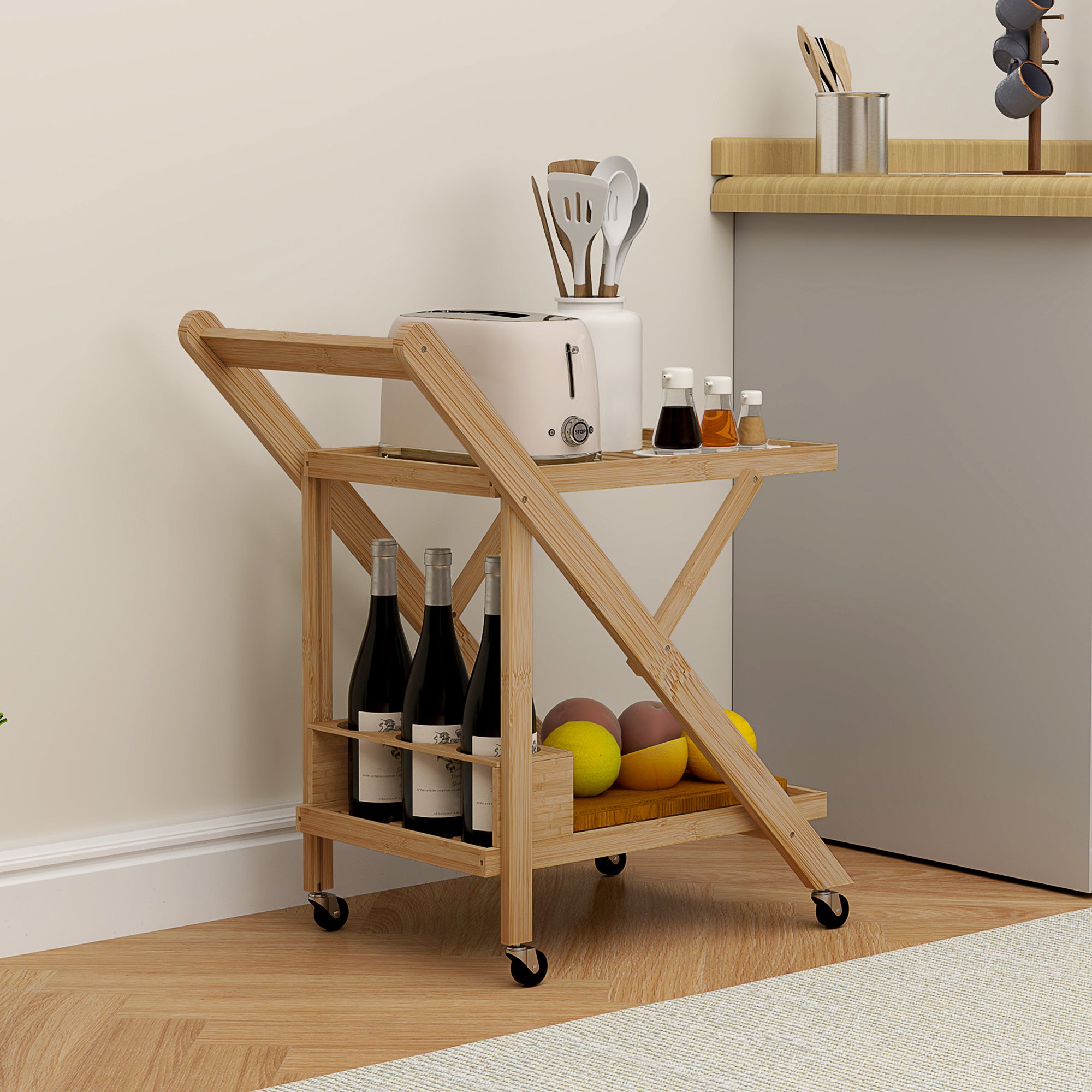 2-Tier Folding Kitchen Trolley with Bamboo Bottle Holder