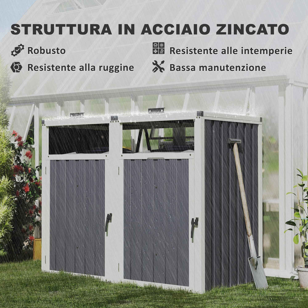Outsunny 2-Section Garbage Can Shed with Lift-Off Lid, Galvanized Steel, 146x81x122 cm, Dark Grey