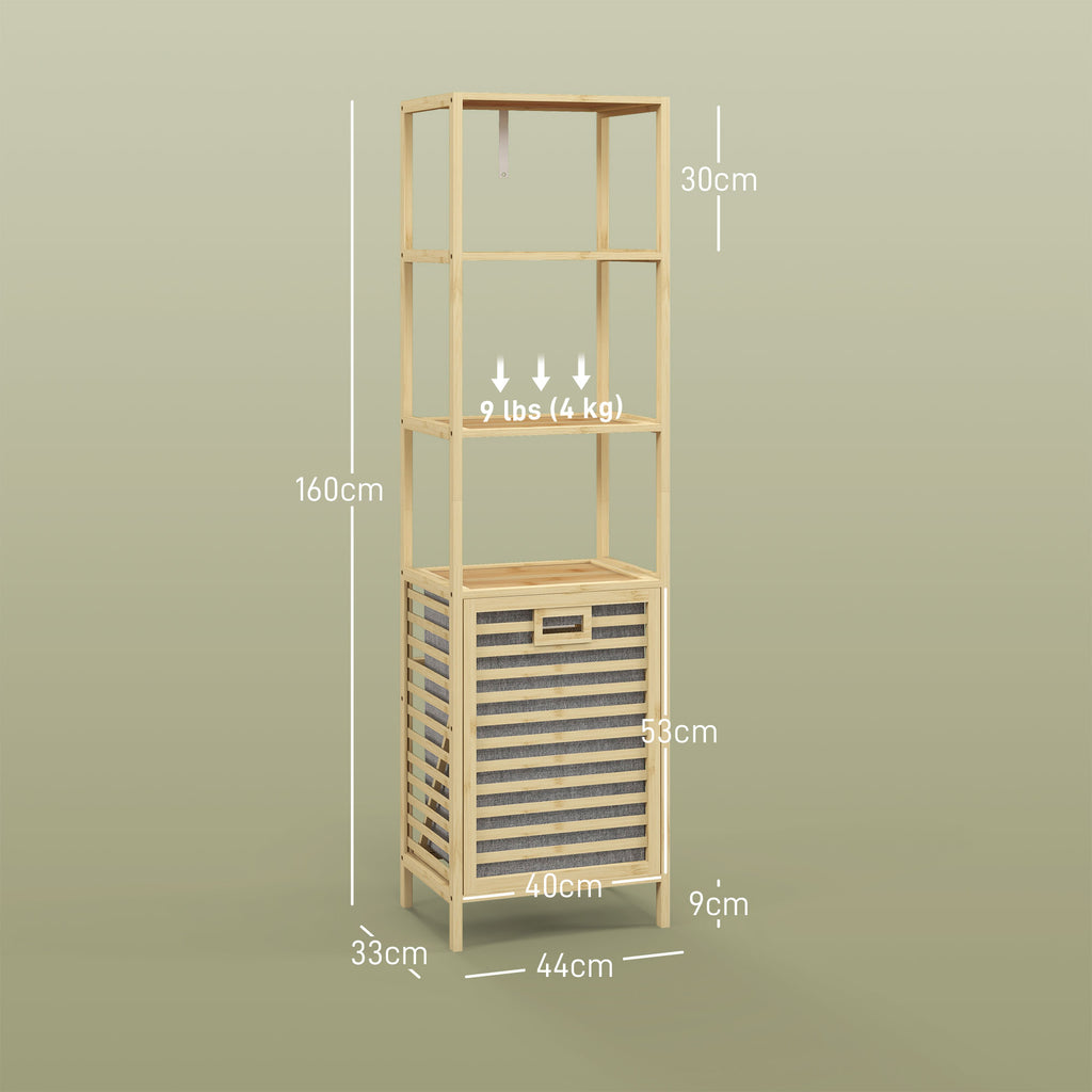 HOMCOM Bathroom Column with 3 Bamboo Wood Shelves and Fabric Laundry Basket, 44x33x160cm - Borgè
