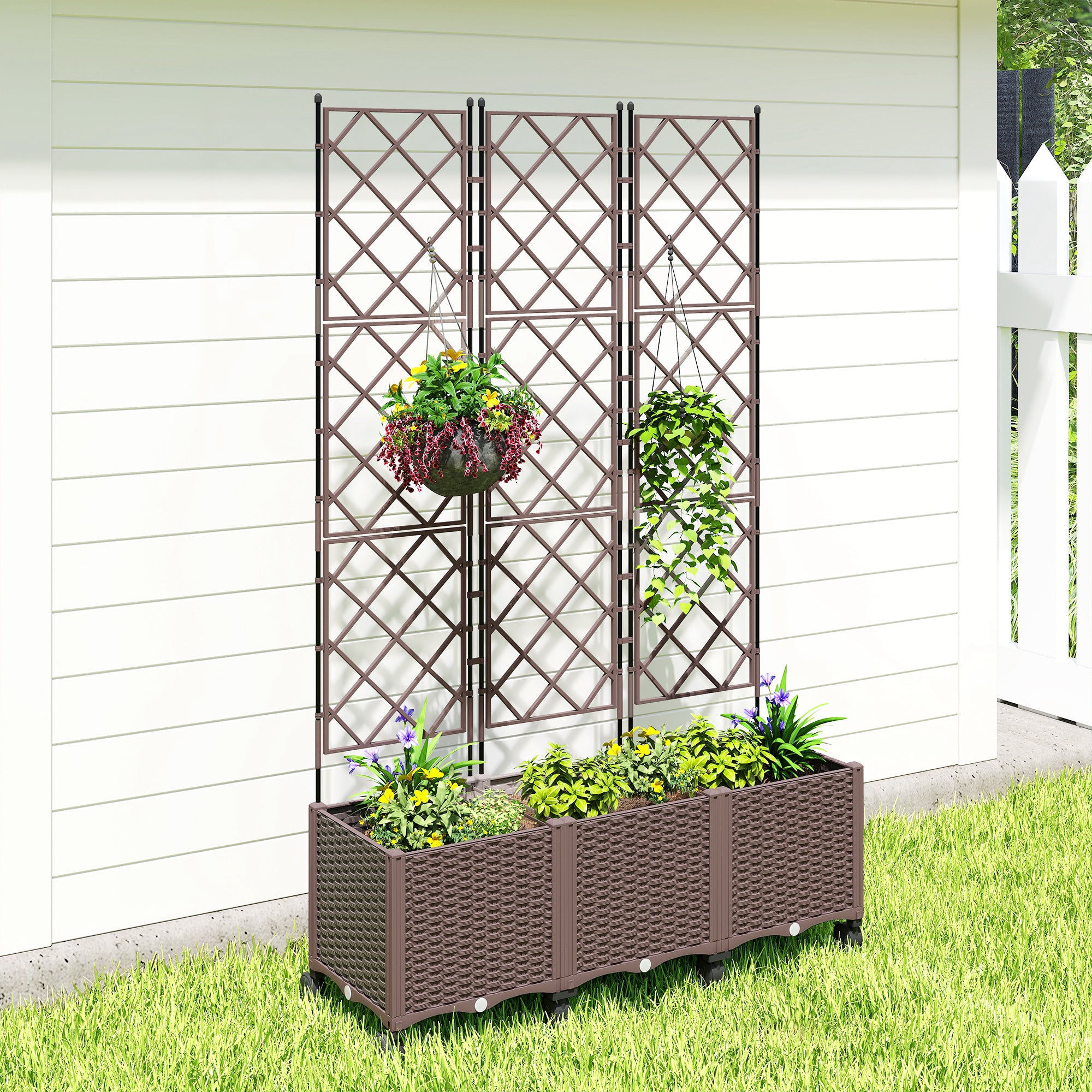 Outsunny 130L Raised Trellis Planter with Lockable Wheels and Self-Watering System, Brown