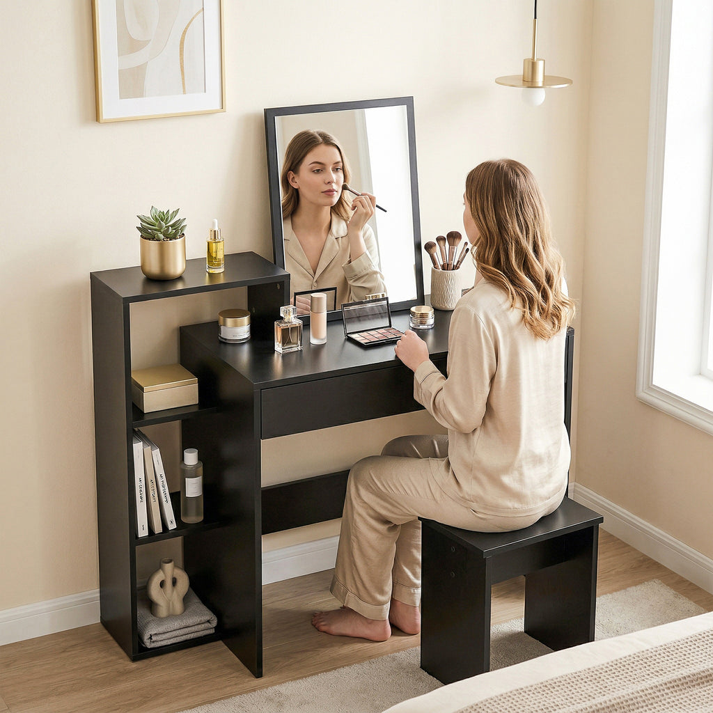 HOMCOM Modern PC Desk with 3 Open Shelves and Drawer, Black Wood, 100x40x90 cm