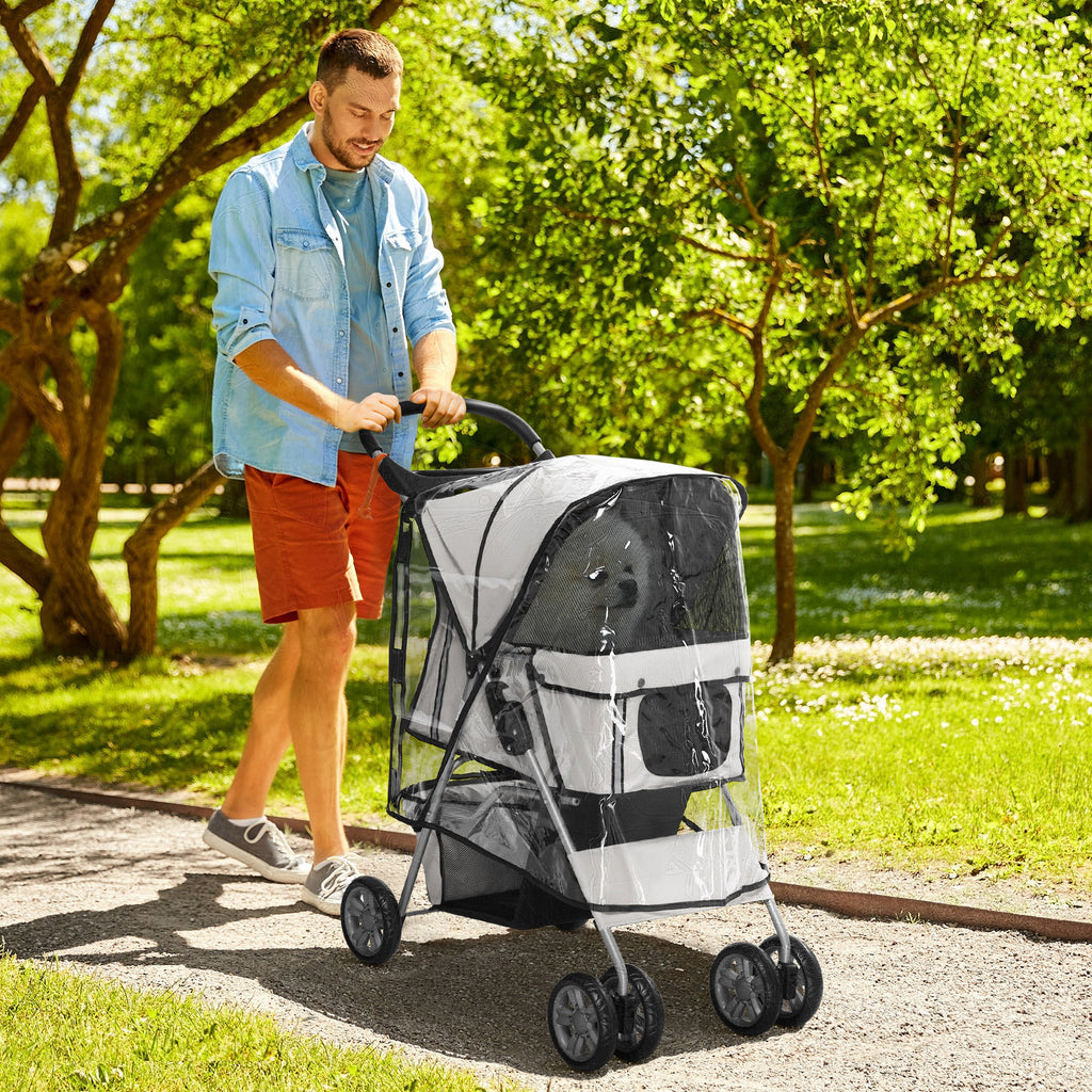 Folding Dog Stroller with Rain Cover, Swivel Wheels and Brakes, Grey