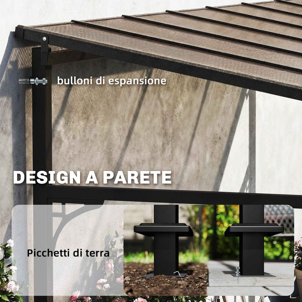 Outsunny 4x3 m Lean-to Pergola with Polycarbonate, Metal, and Aluminum Roof with Screws, Brown