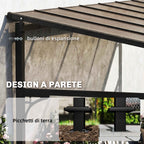 Outsunny 4x3 m Lean-to Pergola with Polycarbonate, Metal, and Aluminum Roof with Screws, Brown