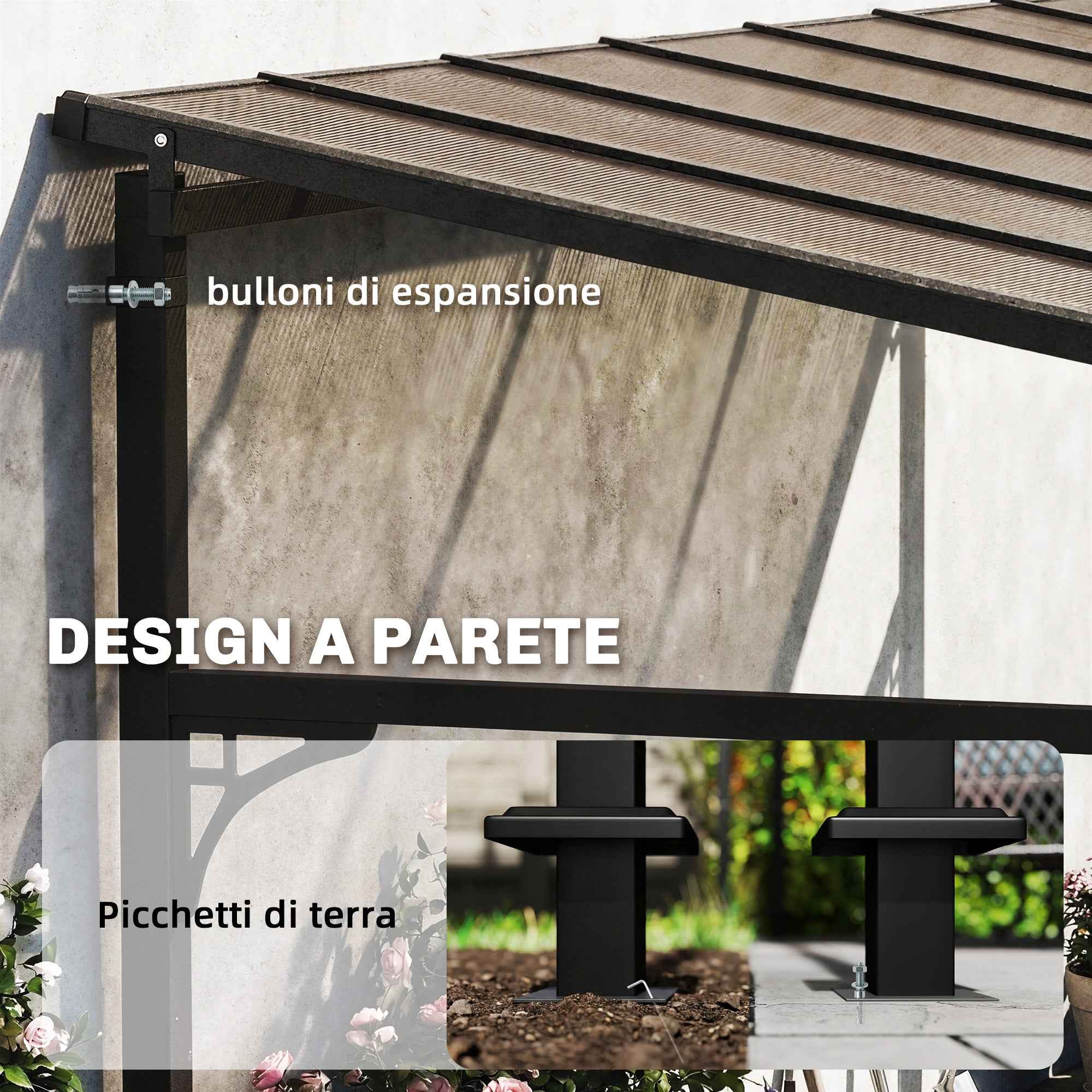 Outsunny 4x3 m Lean-to Pergola with Polycarbonate, Metal, and Aluminum Roof with Screws, Brown