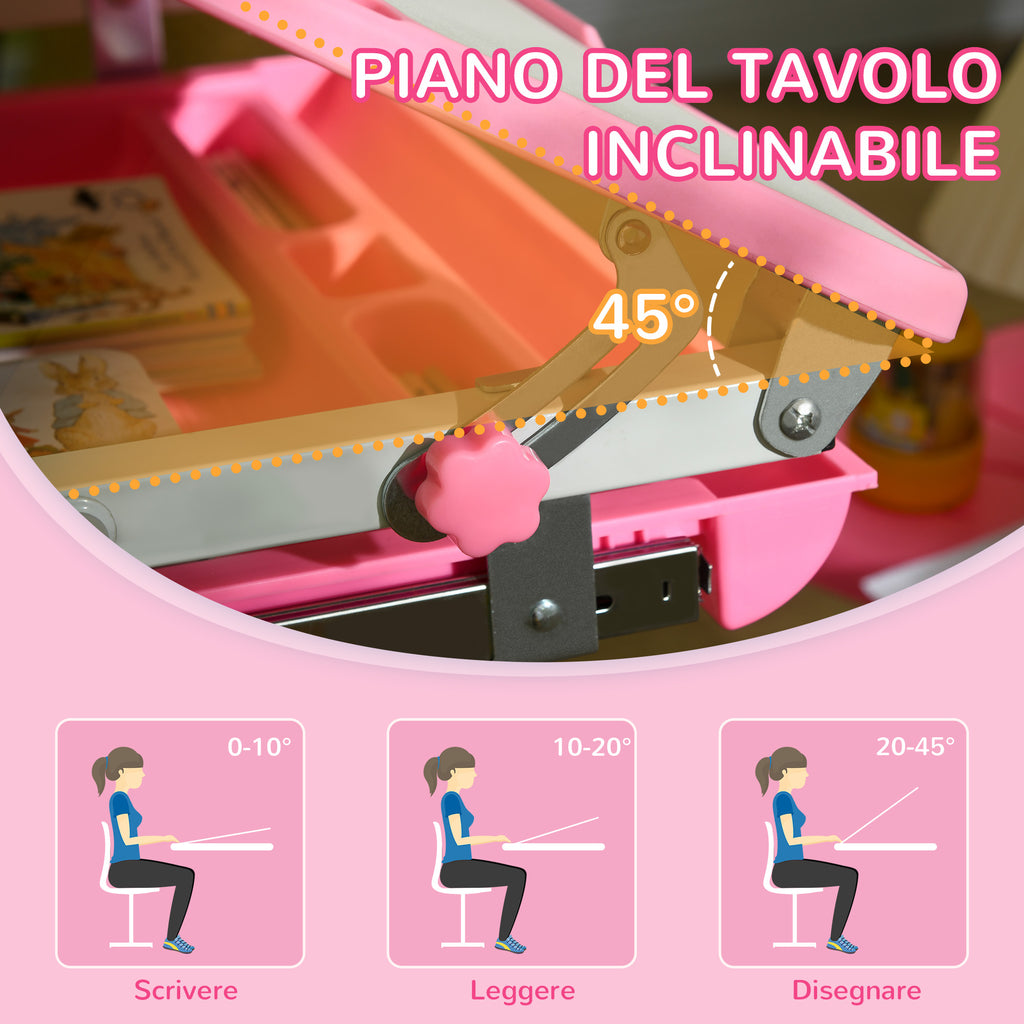 Children's School Desk for 6-12 Years with Chair and Adjustable Height, Tiltable Top, 66x47x52-77 cm, Pink