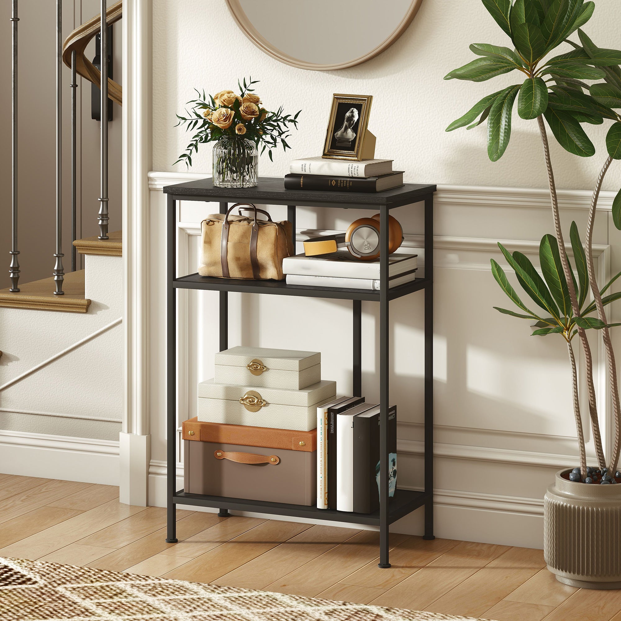 3-Tier Console Table with Metal and Wood Frame, 55x30x81 cm, Black