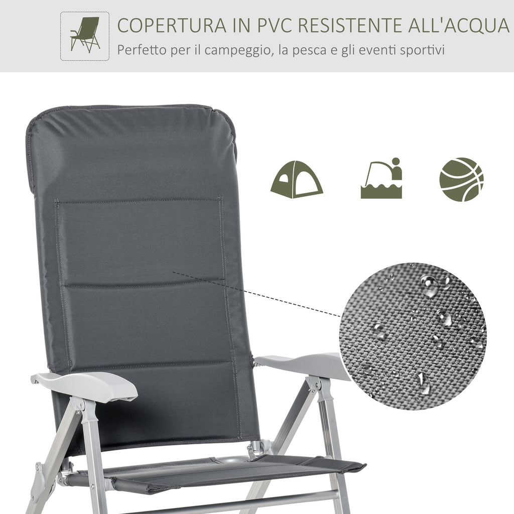 Folding Fishing Chair with Armrests and Adjustable Backrest, in Aluminum and Polyester, 75x61.5x76-115 cm, Gray