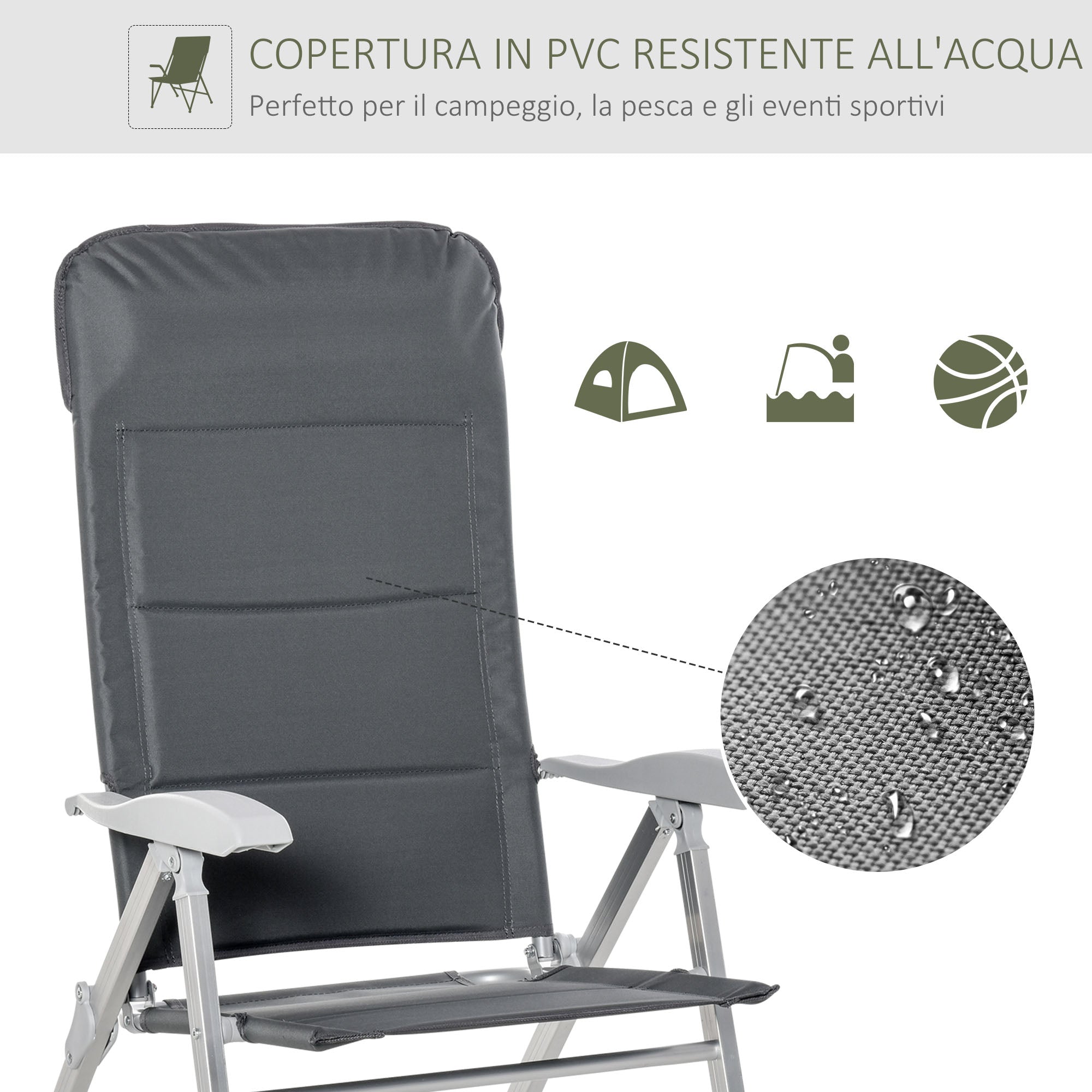 Folding Fishing Chair with Armrests and Adjustable Backrest, in Aluminum and Polyester, 75x61.5x76-115 cm, Gray