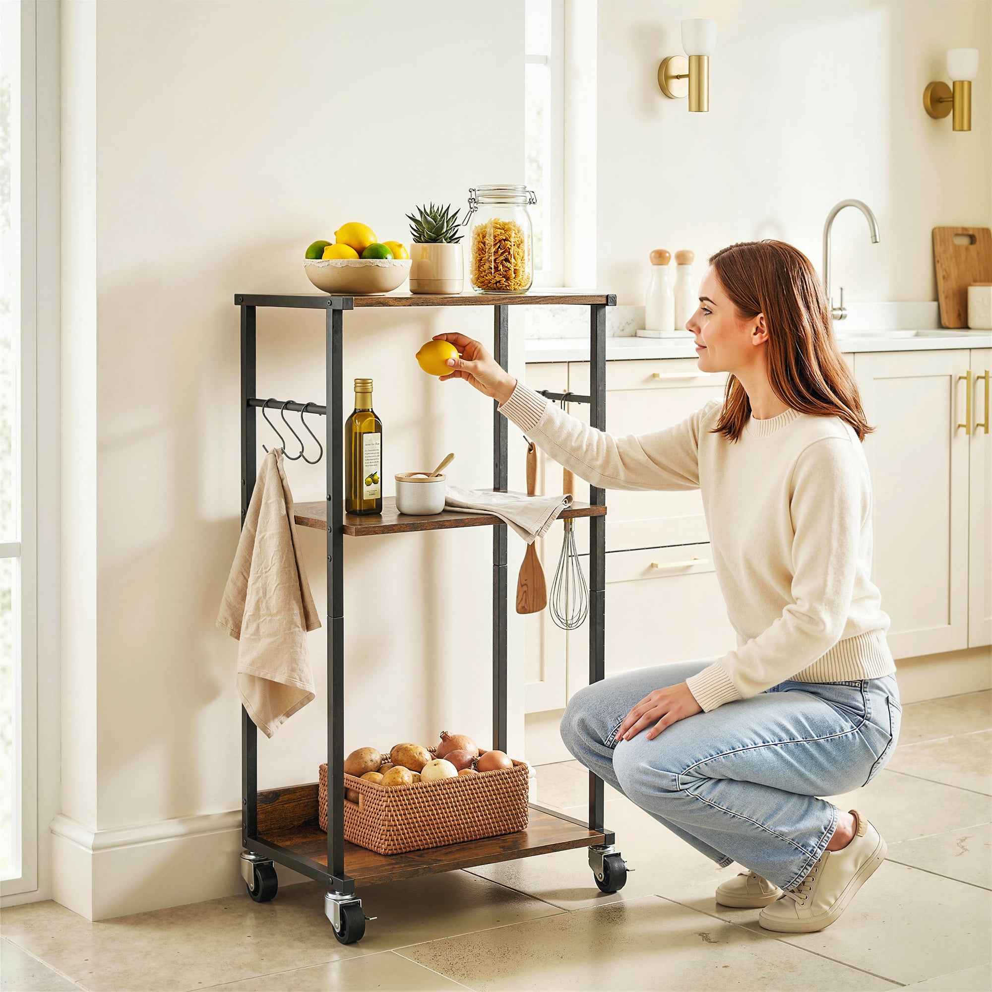 HOMCOM Industrial Printer Table 3 Tier, Wheels and Hooks, Rustic Brown.