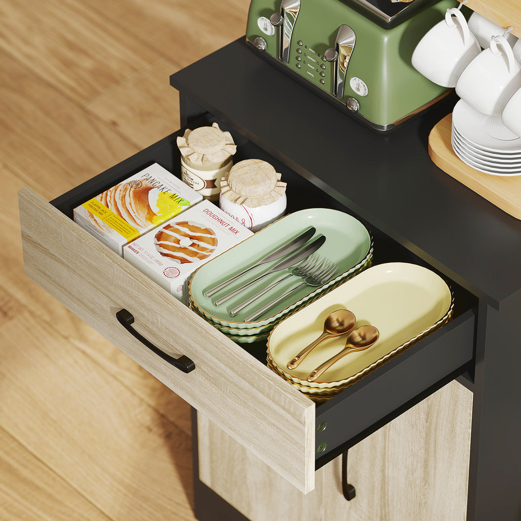 Wooden Pantry Cabinet with Drawer, 2 Open Shelves and Cabinets, 60x40x180 cm, Black and Wood Color