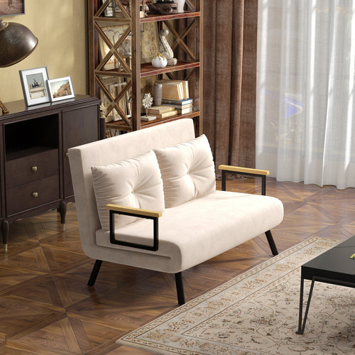 3-in-1 Velvet Fabric Sofa Bed with Adjustable Backrest and 2 Cushions, 102x73x81 cm, Beige