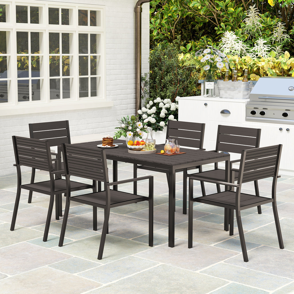 Outdoor Set with Rectangular Dining Table and 6 Stackable Chairs with Armrests, Brown