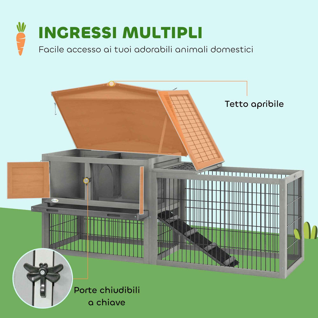 PawHut Outdoor Rabbit Hutch with Ramp, Opening Roof and Tray, Made of Fir Wood, 150x52x68 cm, Light Grey