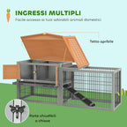 PawHut Outdoor Rabbit Hutch with Ramp, Opening Roof and Tray, Made of Fir Wood, 150x52x68 cm, Light Grey