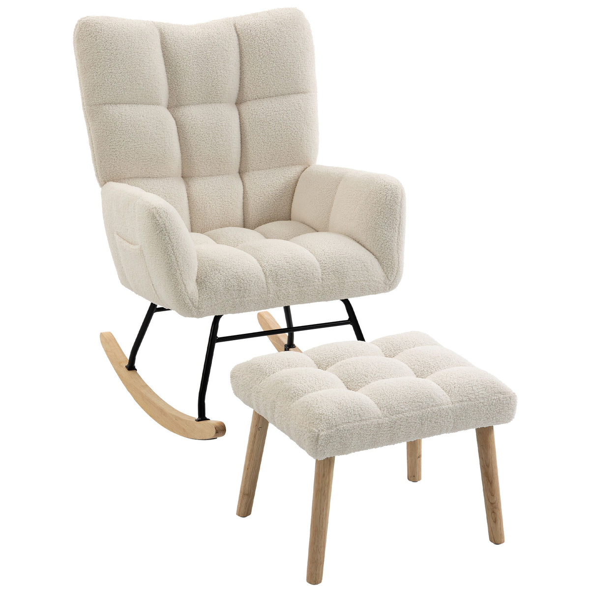 HOMCOM Sherpa Rocking Chair with Footrest, Side Pockets, Thick Seat and Quilted Design, Cream