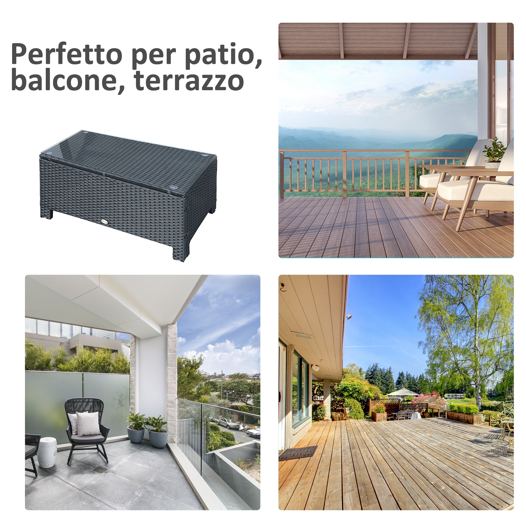 Outsunny Ousunny outdoor table in Rattan PE with tempered glass top, 85x50x39cm, black - Borgè
