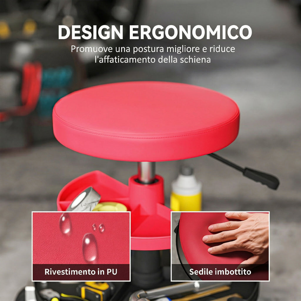 HOMCOM Workshop Stool with 6cm Wheels, Capacity up to 135kg, Adjustable Height 40-51cm, with Tool Trays, Red