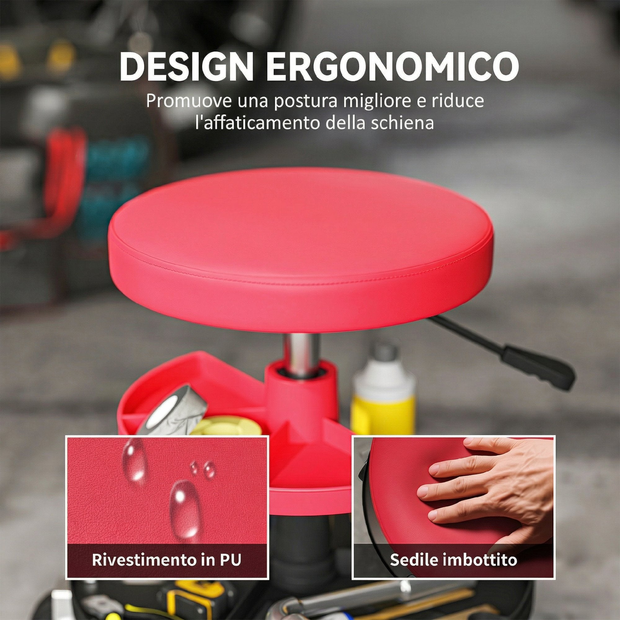 HOMCOM Workshop Stool with 6cm Wheels, Capacity up to 135kg, Adjustable Height 40-51cm, with Tool Trays, Red