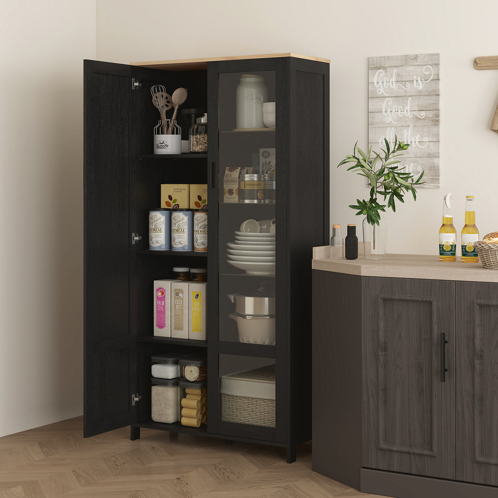 Wooden Kitchen Pantry Cabinet with 9 Adjustable Shelves with Glass Doors, 76x36x160 cm, Black and Wood color