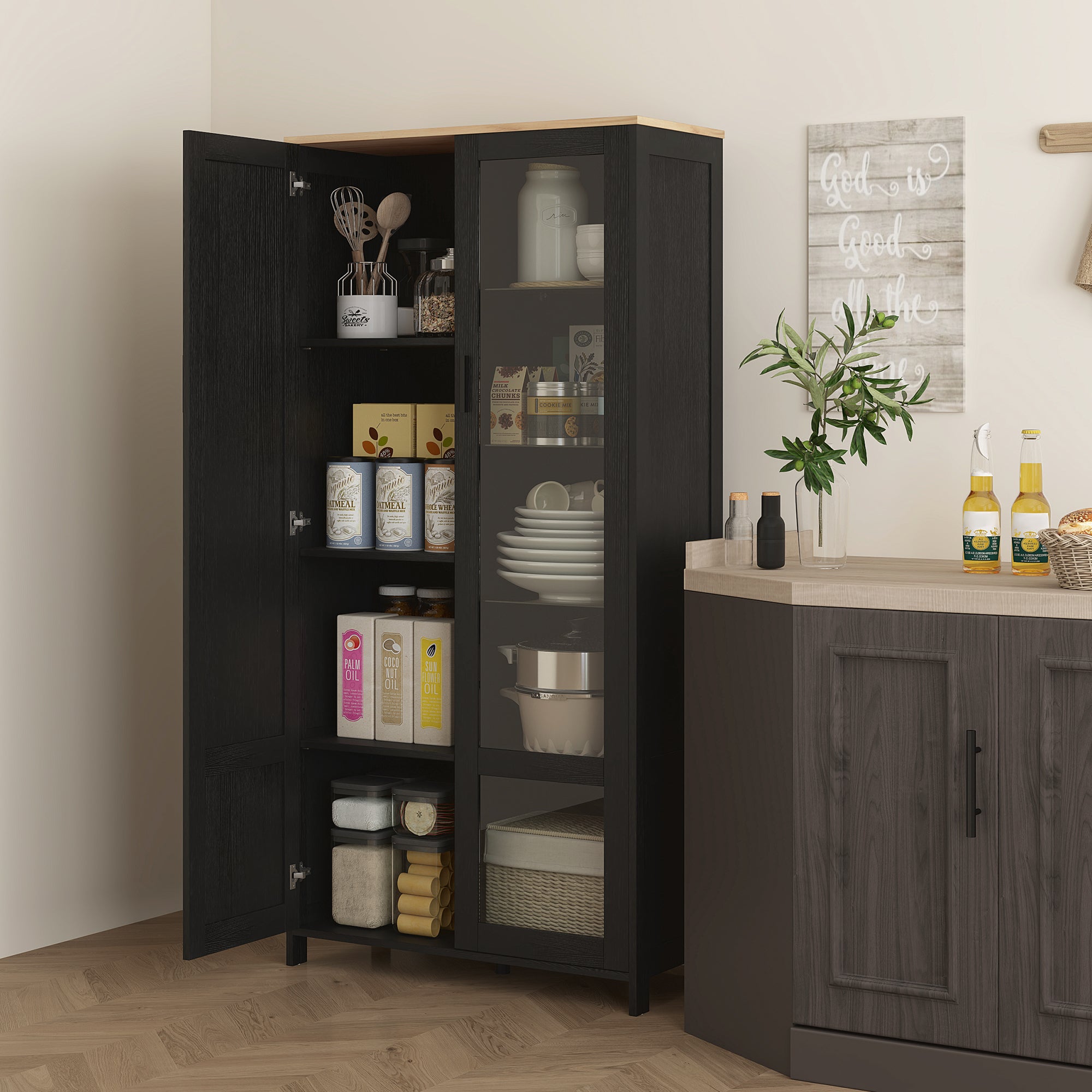 Wooden Kitchen Pantry Cabinet with 9 Adjustable Shelves with Glass Doors, 76x36x160 cm, Black and Wood color