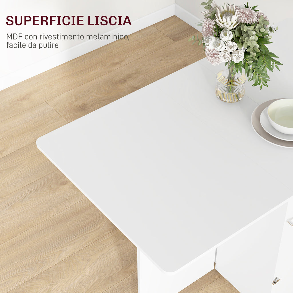 HOMCOM Folding Leaf Table with 3-Level Shelves, Box and Wheels, in MDF, 130x80x76.5 cm, White - Borgè