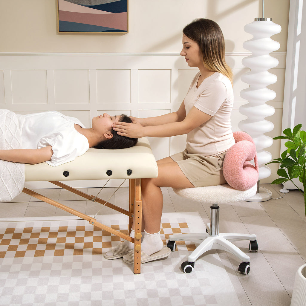 Height-Adjustable Swivel Stool with Arched Backrest, Teddy Fabric, 50x50x63-77 cm, White and Pink