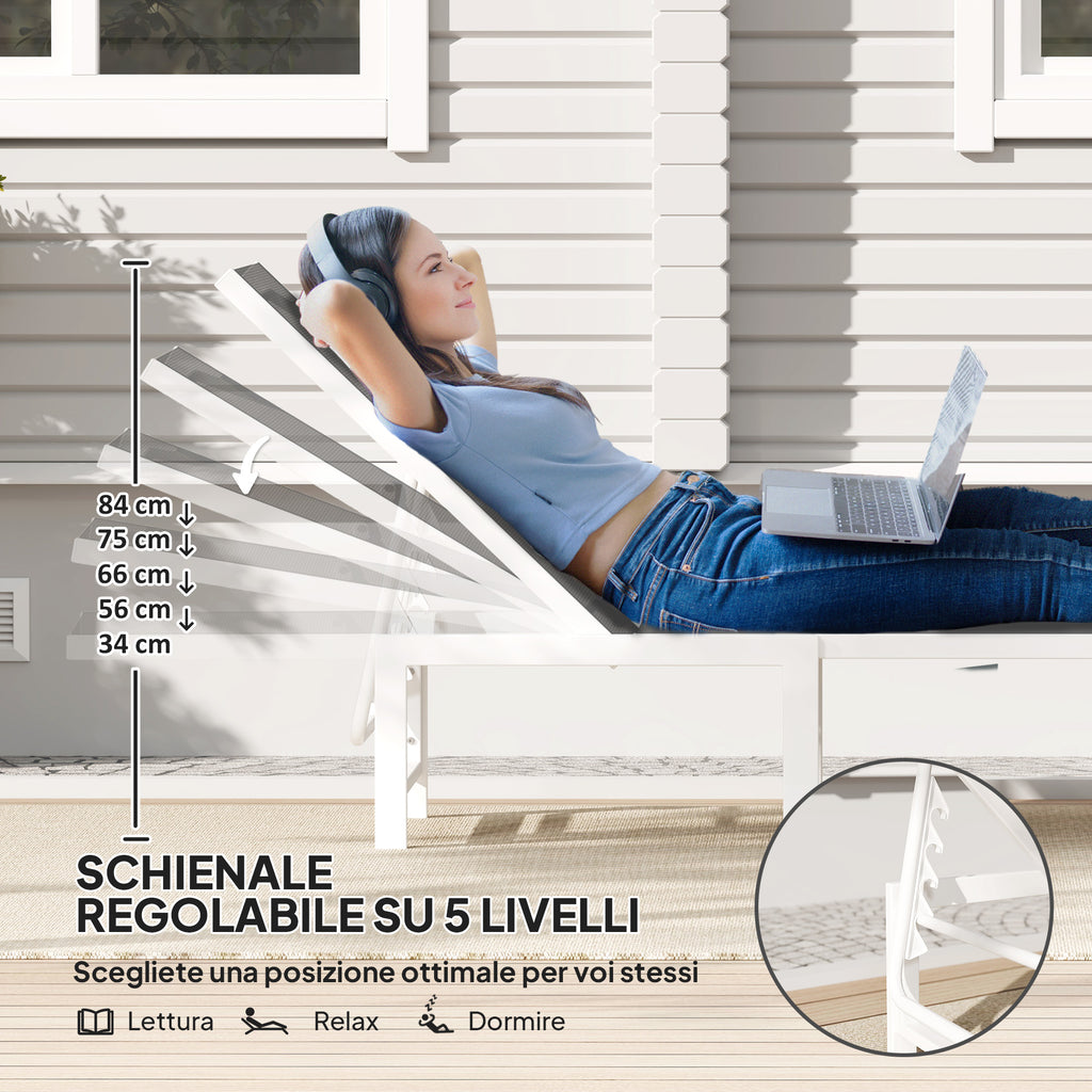 Deckchair with 5-Level Adjustable Backrest, in Steel and Textilene, 60x166x84 cm, White and Gray