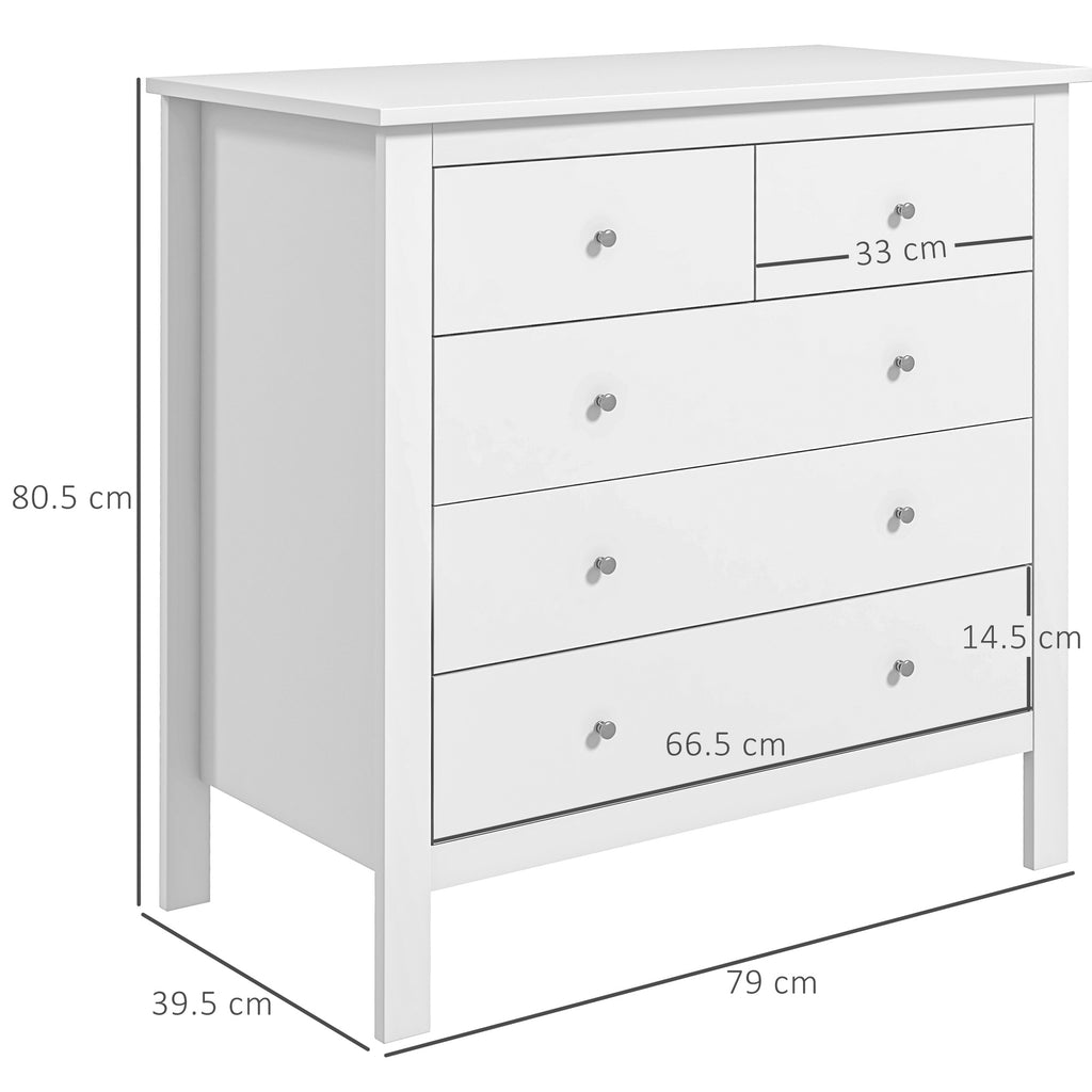 5 Drawer Chest of Drawers for Bedroom and Living Room in White Wood, 79x39.5x80.5 cm