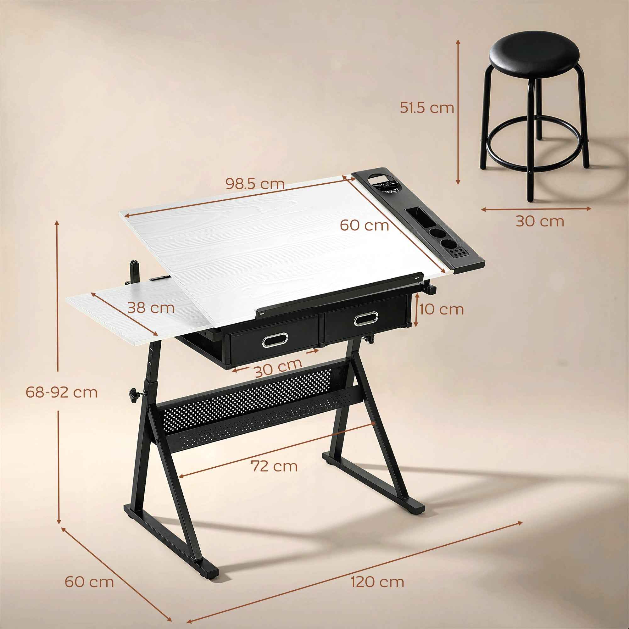 Adjustable Drafting Table, Writing Desk and Stool for Drawing and Working, White