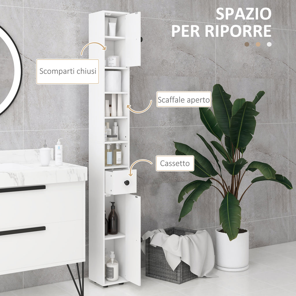 kleankin Bathroom Cabinet with Drawer, 2 Cabinets and 4 Open Shelves, Wooden, 20x20x180 cm, White