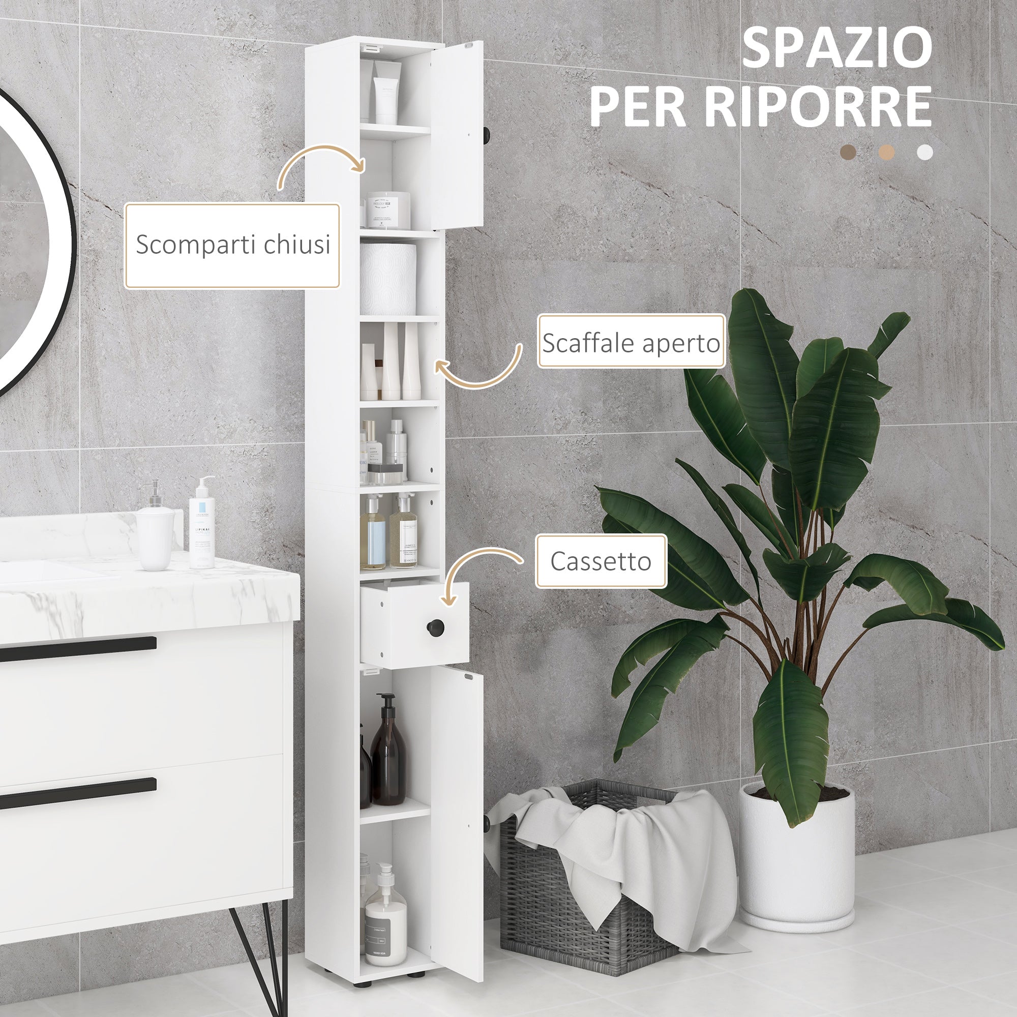 kleankin Bathroom Cabinet with Drawer, 2 Cabinets and 4 Open Shelves, Wooden, 20x20x180 cm, White