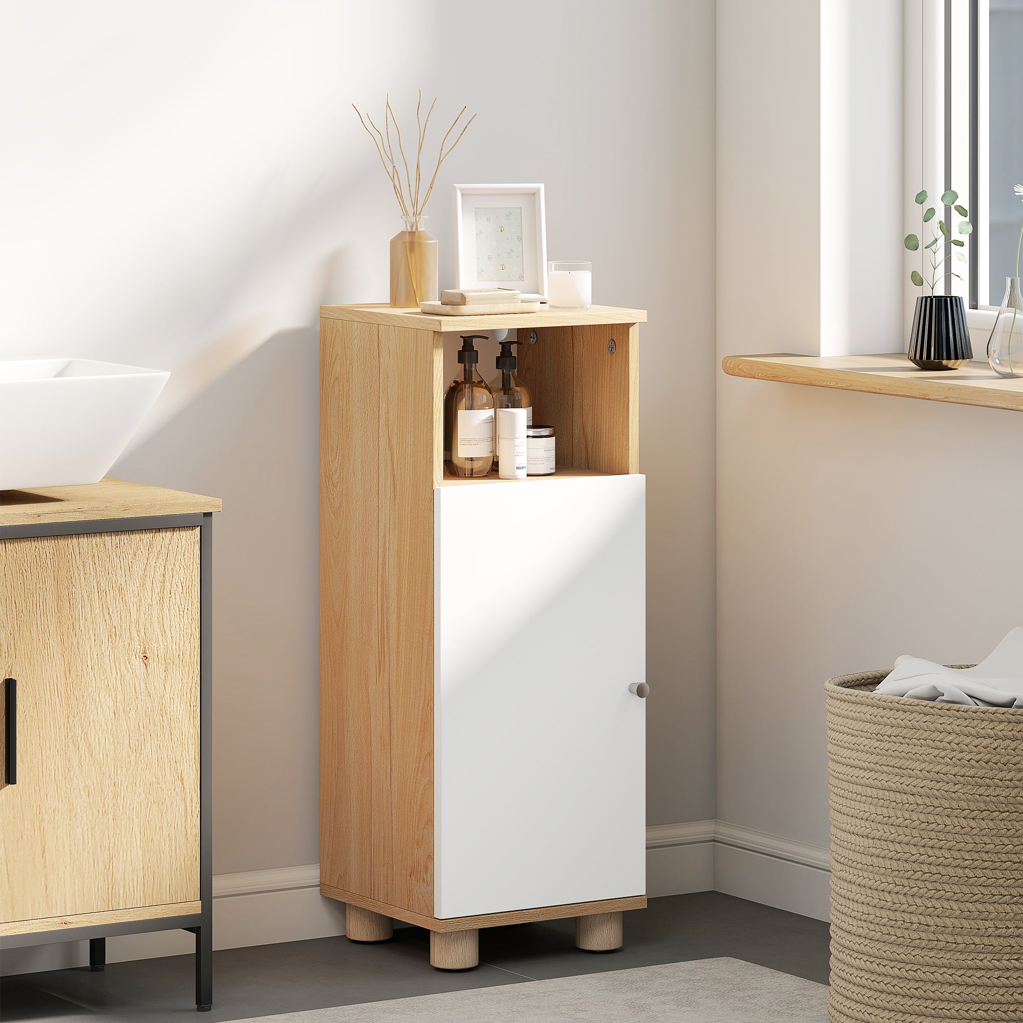 Space-Saving Bathroom Cabinet with 2 Shelves and Open Compartment, 30x30x79.7 cm, White and Wood