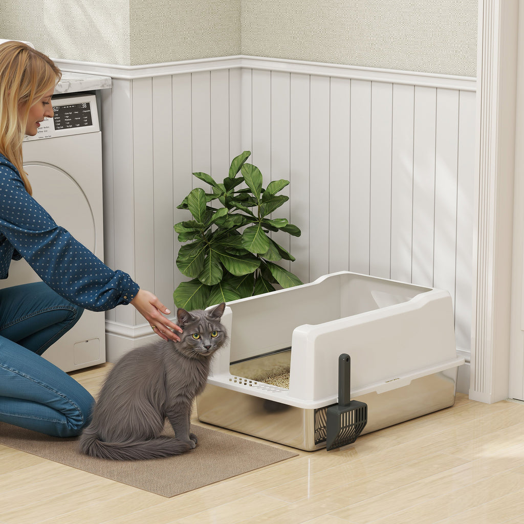 Waterproof Cat Litter Box with Raised Sides, Tray and Scoop, Made of ABS, 71x50.8x35.5 cm, White