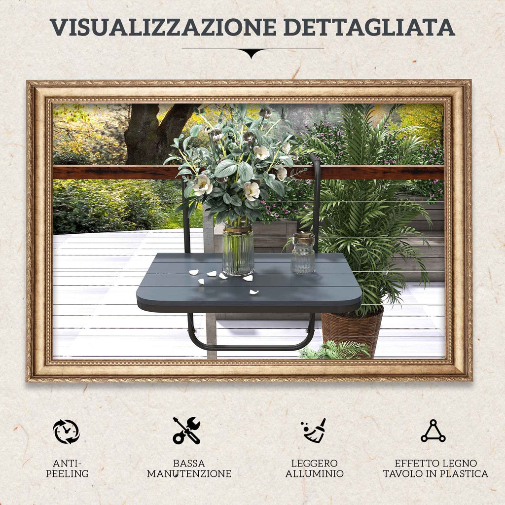 Outsunny Folding and Adjustable Balcony Table, Made of Aluminum and Composite Wood, 60x40x55-64 cm, Black